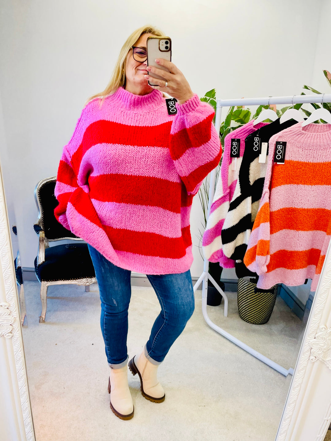 CHUNKY KNIT PINK AND RED STRIPE OVERSIZE JUMPER