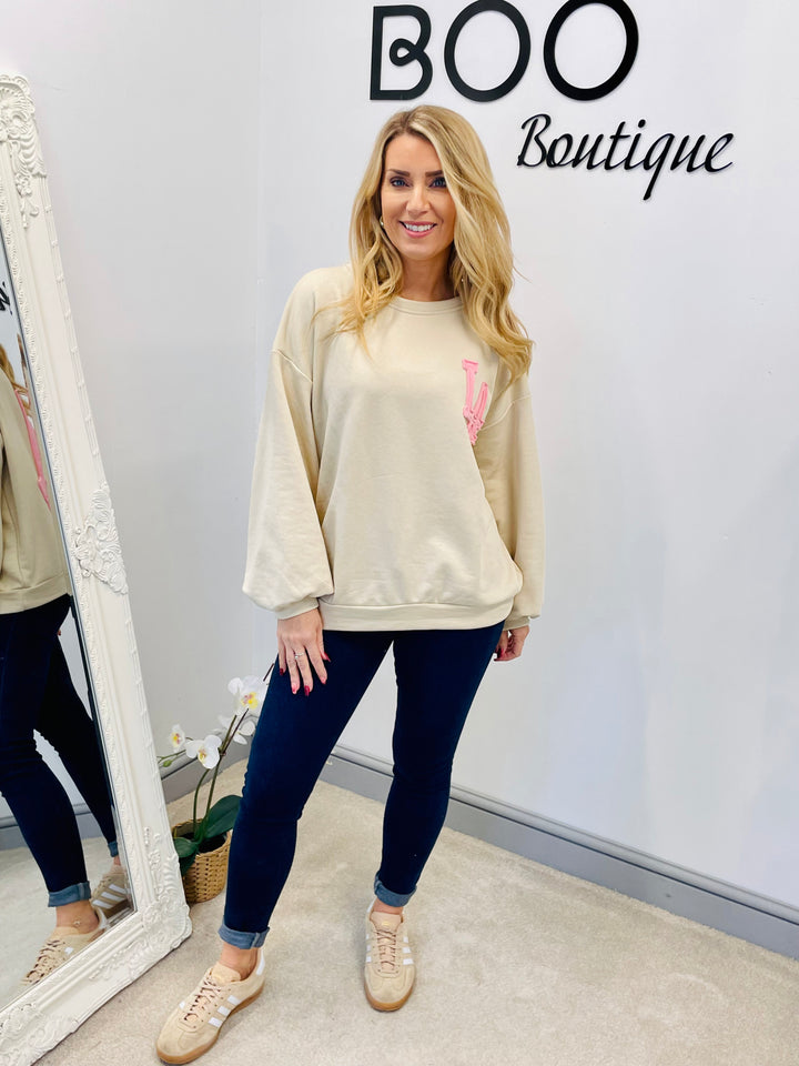 LADIES WOMENS BEIGE LA SWEATSHIRT TOP