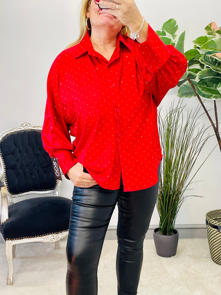 LADIES WOMENS RED SPARKLY PARTY BLOUSE SHIRT