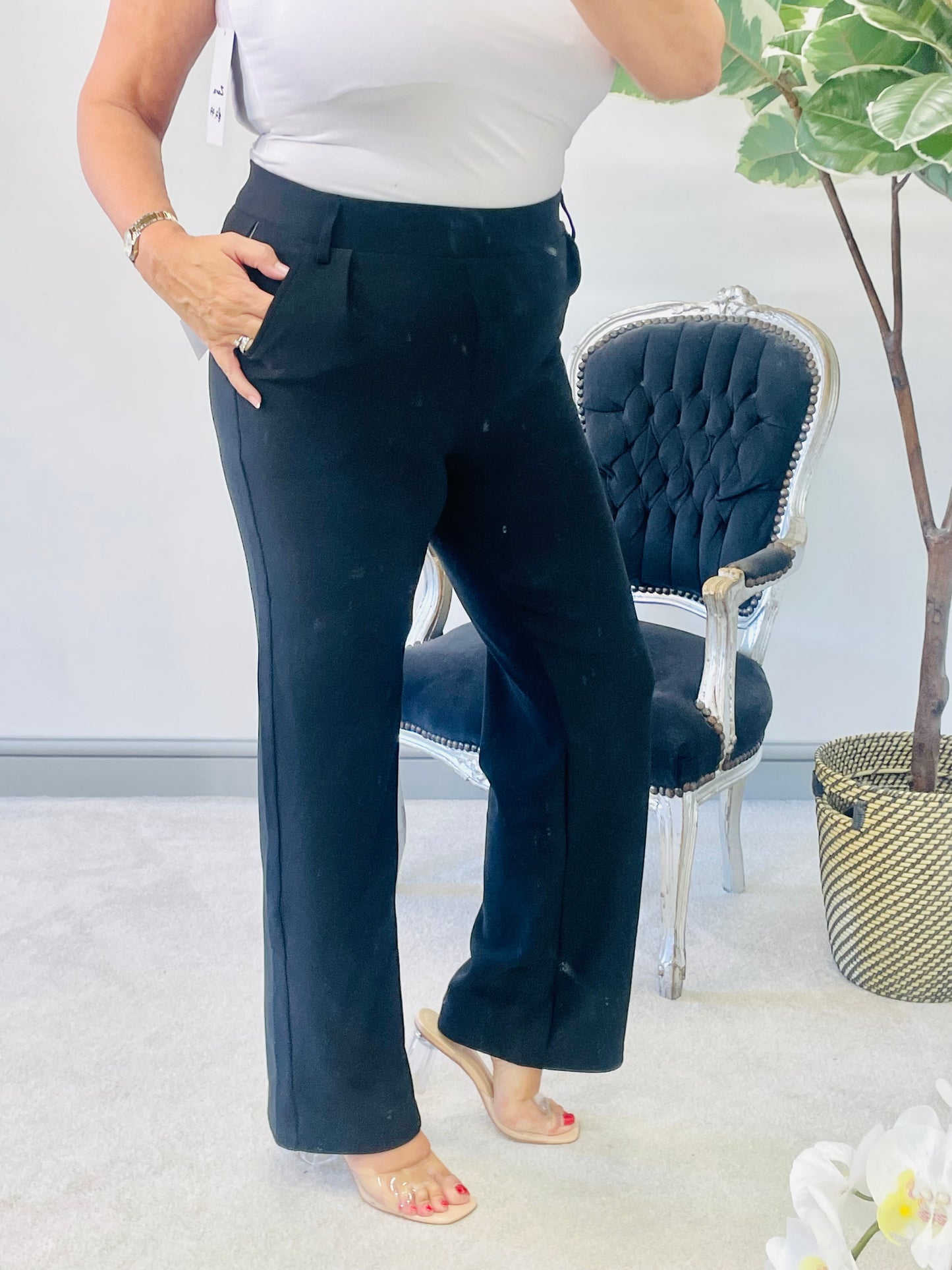 The HELEN black stretch wide leg trousers