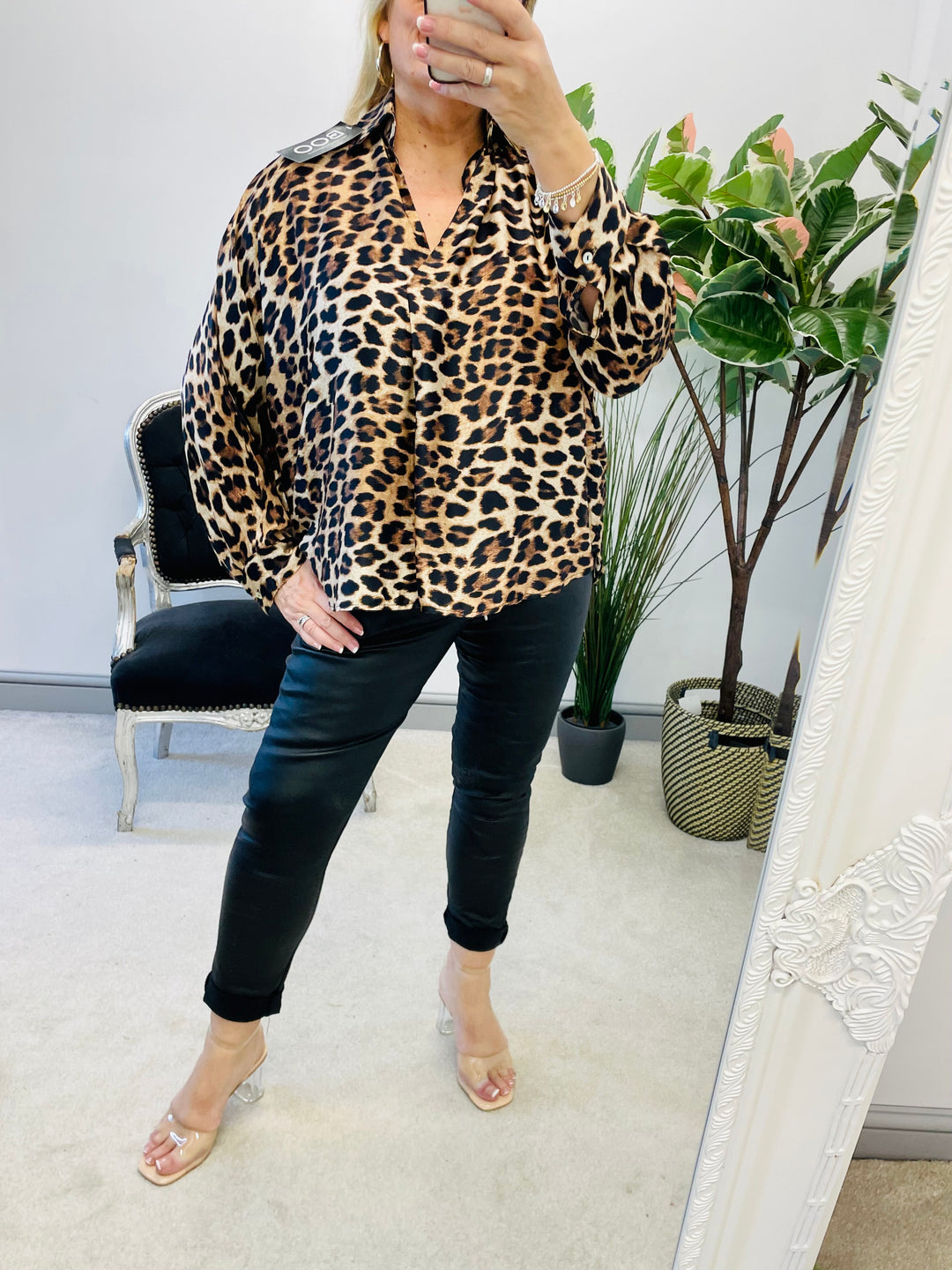 Ladies womens satin leopard print blouse shirt