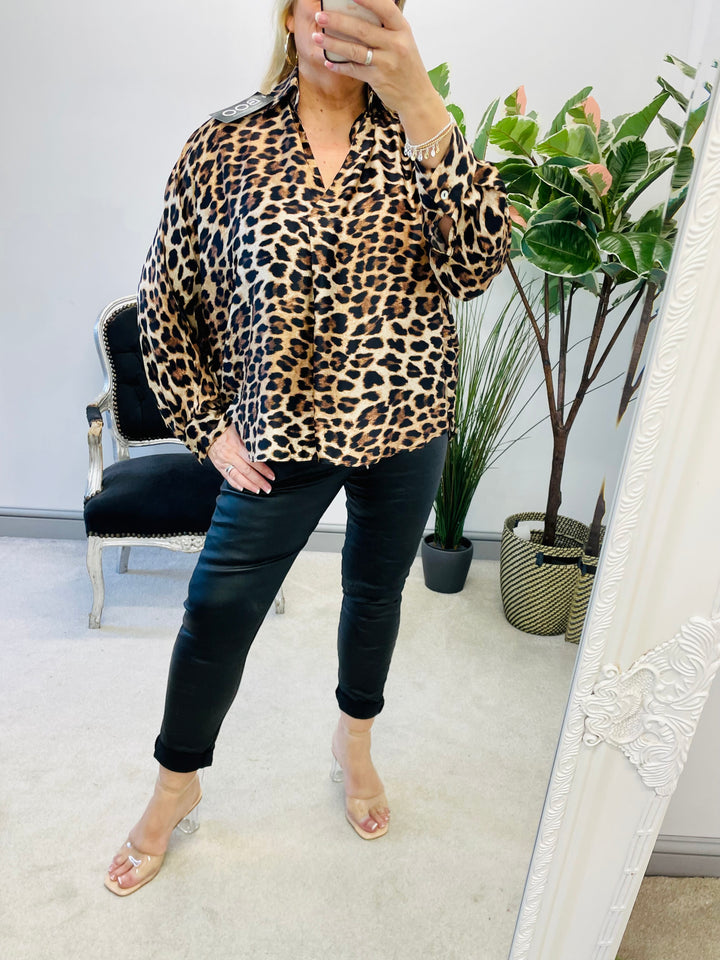 Ladies womens satin leopard print blouse shirt