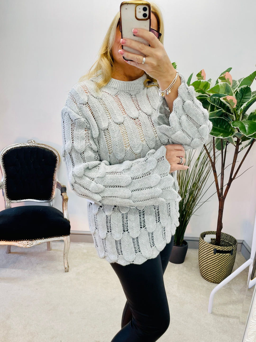 LADIES WOMENS GREY SCALLOP KNIT CASUAL JUMPER