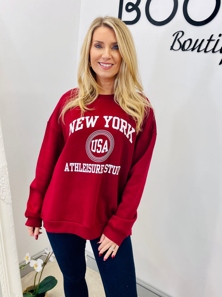 LADIES WOMENS BURGUNDY RED NEW YORK SWEATSHIRT TOP