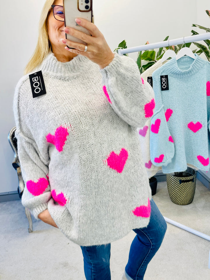 LADIES WOMENS BEIGE PINK THICK CHUNKY OVERSIZE KNIT HEART JUMPER