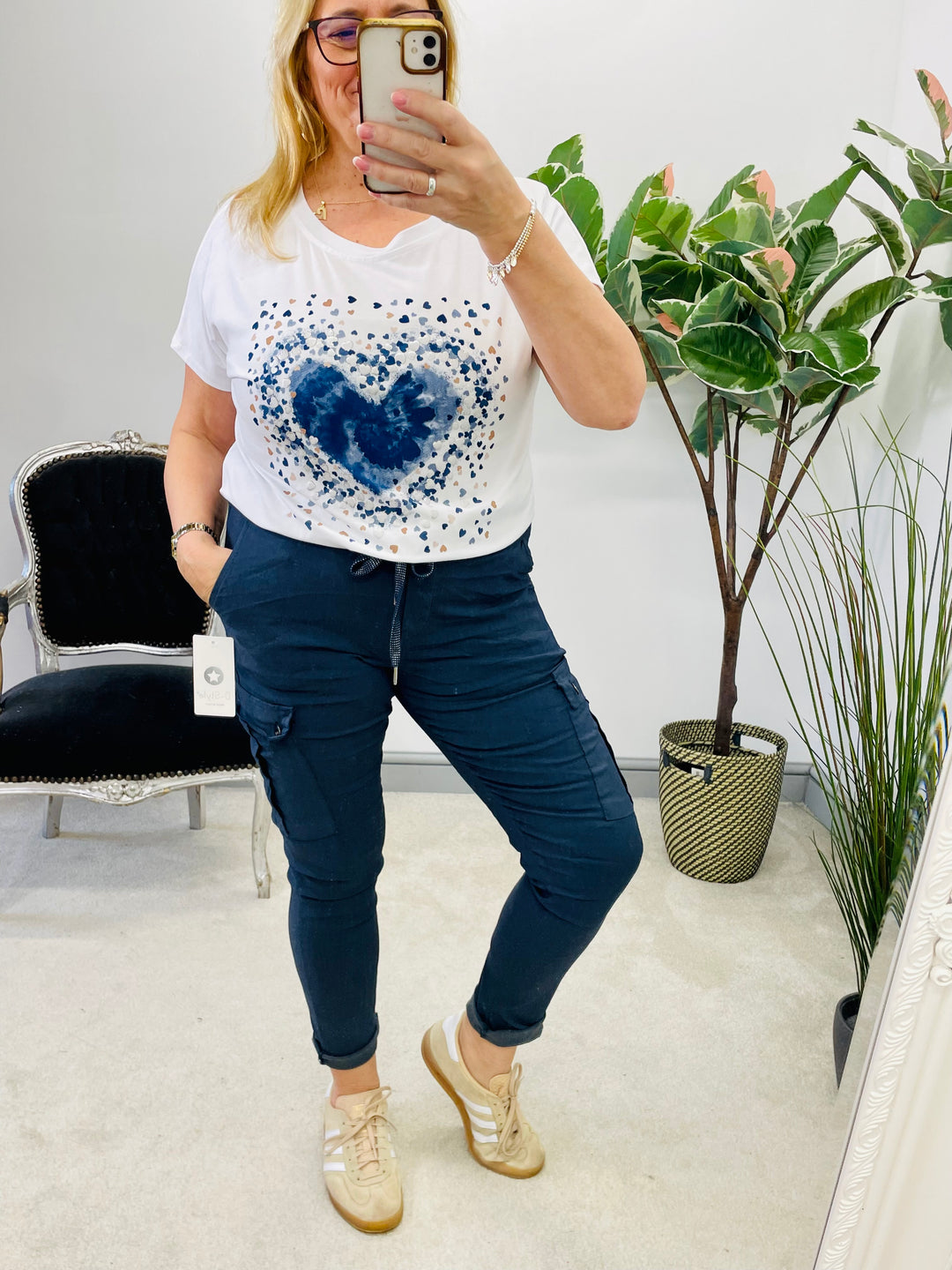 LADIES WOMENS WHITE & NAVY HEART LOGO FASHION TEE T SHIRT