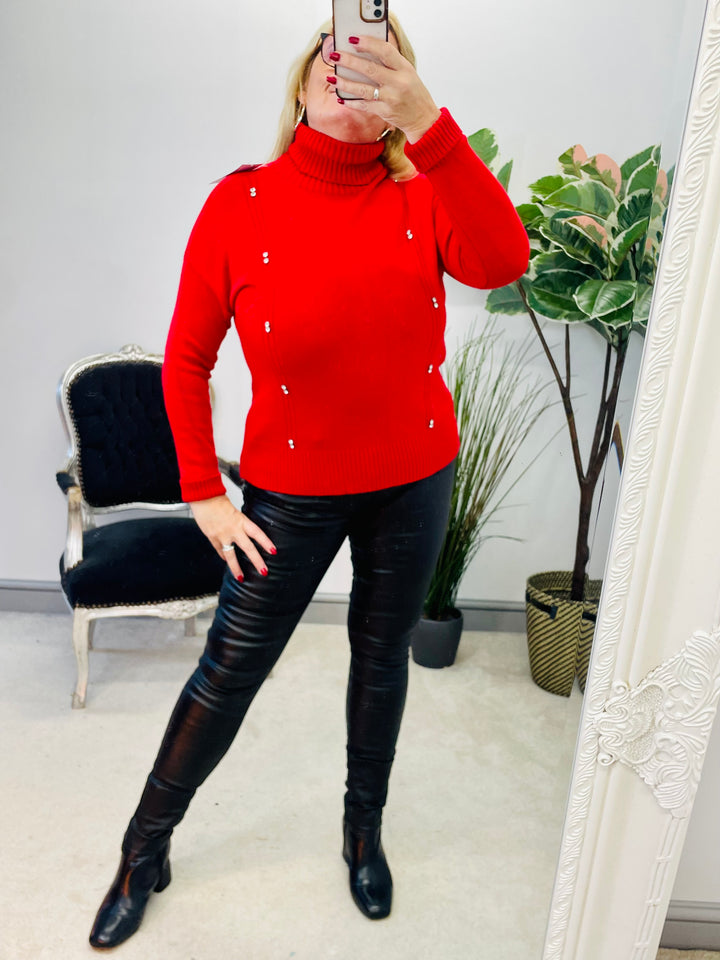 LADIES WOMENS BRIGHT RED DIAMANTE FITTED JUMPER