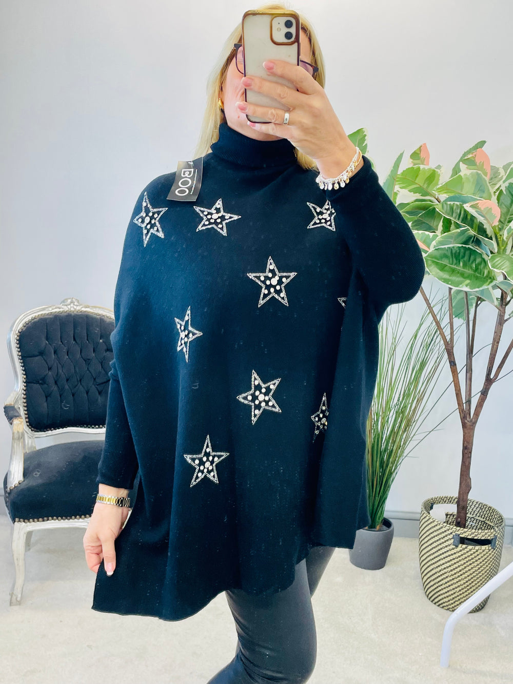 LADIES WOMENS BLACK OVERSIZE PEARL & DIAMANTE STAR KNITTED JUMPER SWEATER