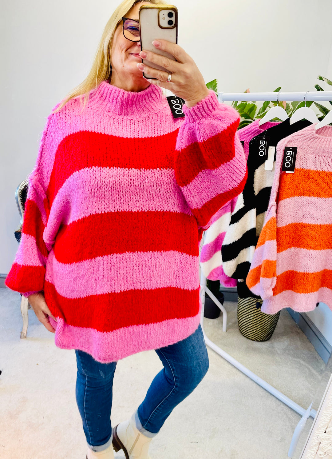 CHUNKY KNIT PINK AND RED STRIPE OVERSIZE JUMPER