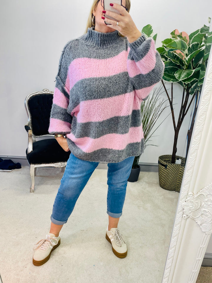 LADIES WOMENS PINK AND GRE7 STRIPE CHUNKY KNIT JUMPER SWEATER