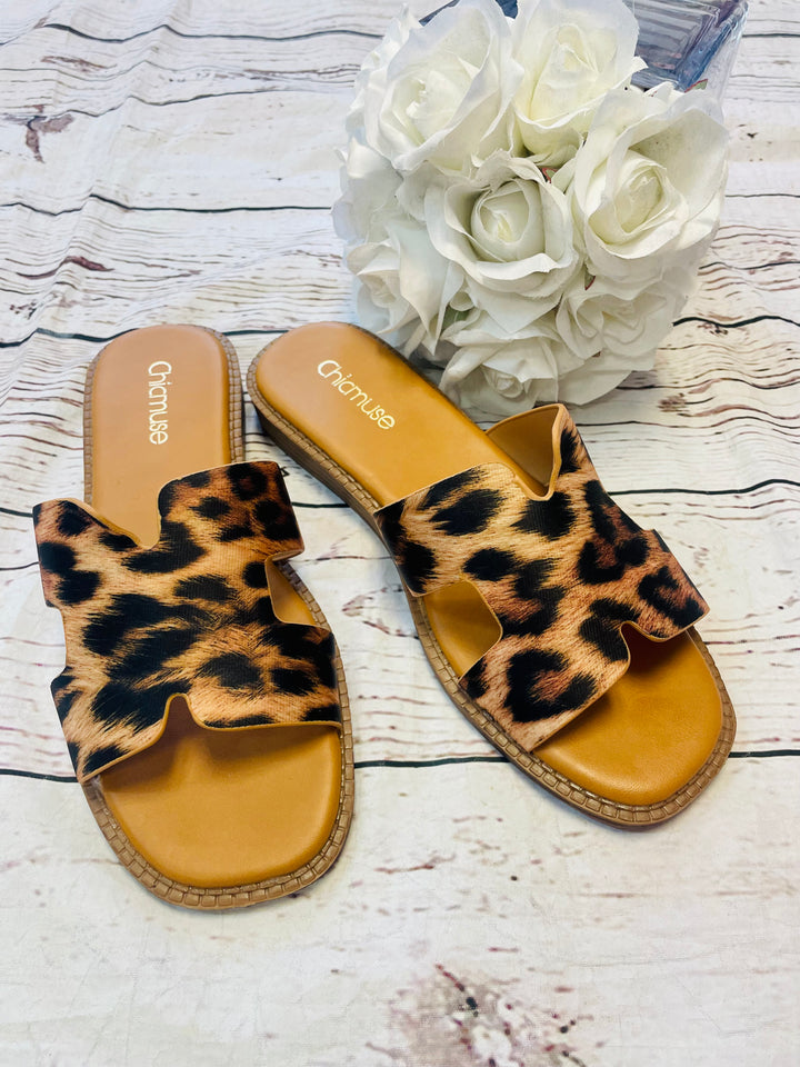 LADIES WOMENS LEOPARD FLAT H INSPIRED SLIDER SANDALS