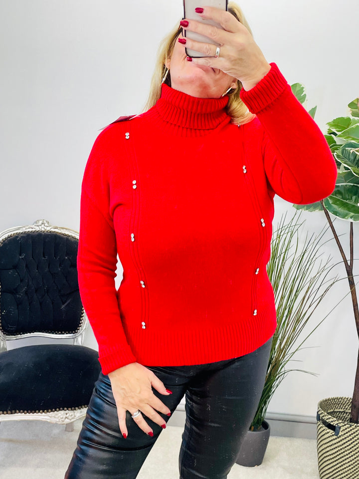 LADIES WOMENS BRIGHT RED DIAMANTE FITTED JUMPER