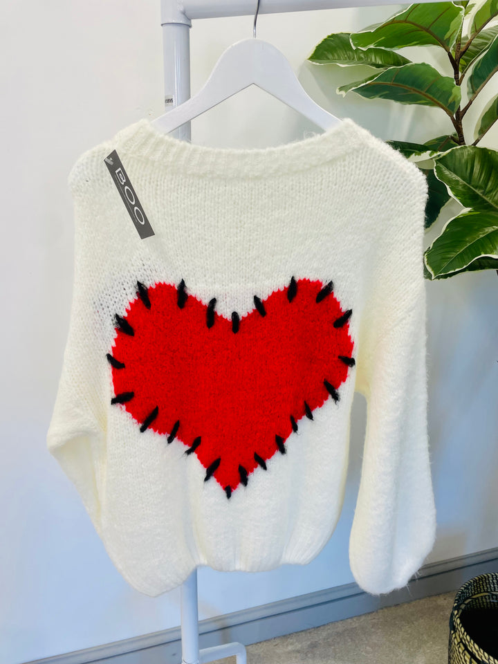 LADIES WOMENS WINTER WHITE CHUNKY THICK KNIT HEART JUMPER SWEATER