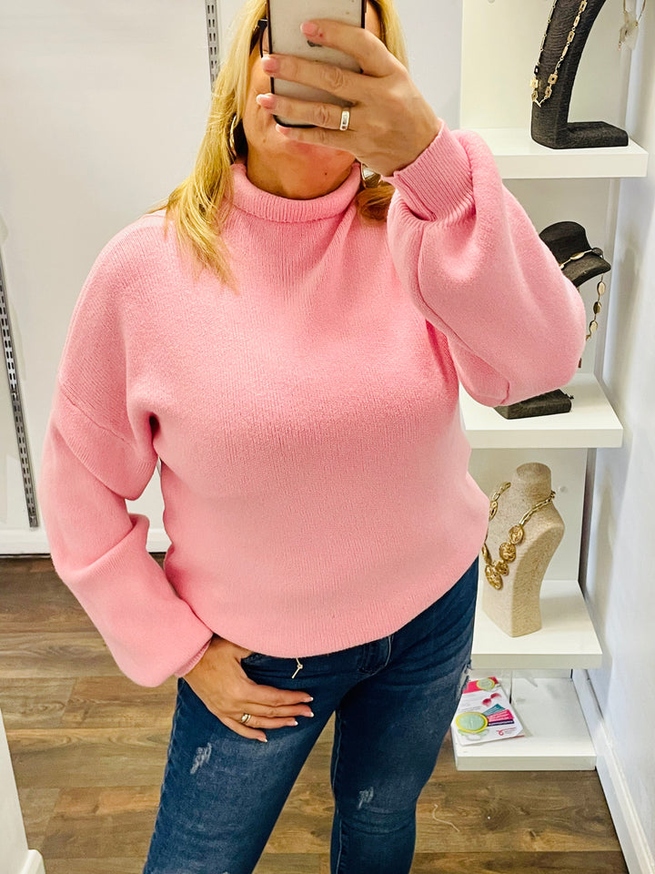 LADIES WOMENS CANDY PINK SOFT KNIT HIGH FUNNEL NECK JUMPER SWEATER