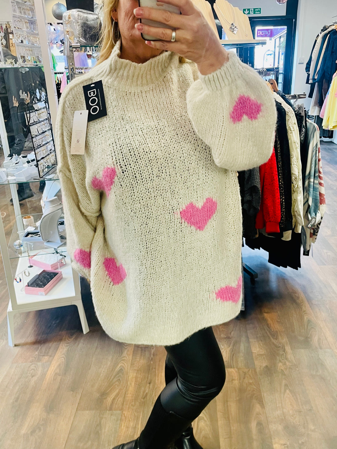 LADIES WOMENS BEIGE OVERSIZE CHUNKY KNIT HEART JUMPER SWEATER