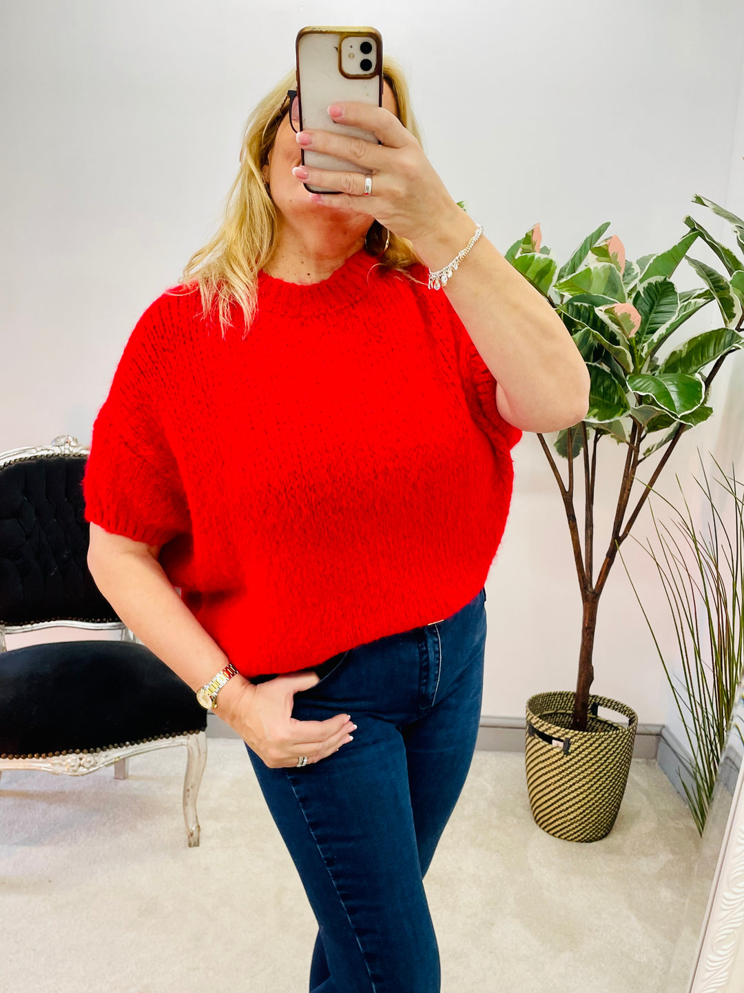 LADIES WOMENS FASHION RED CHUNKY KNIT SHORT SLEEVE JUMPER