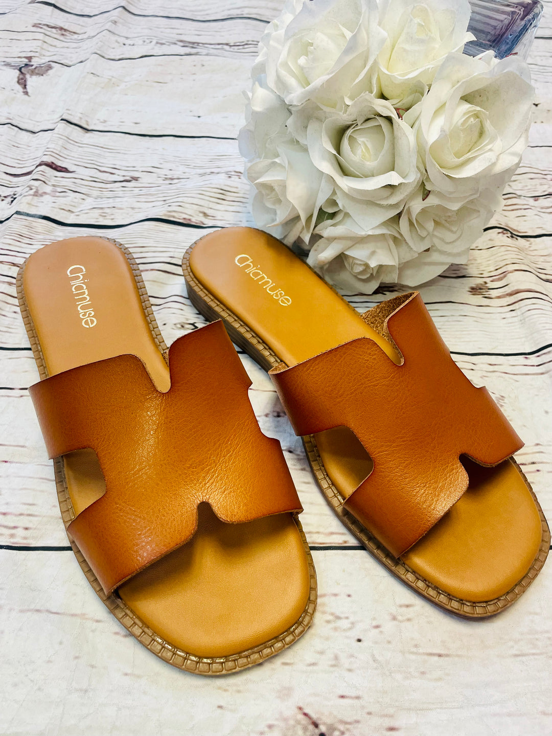 LADIES WOMENS TAN FLAT H INSPIRED SLIDER SANDALS