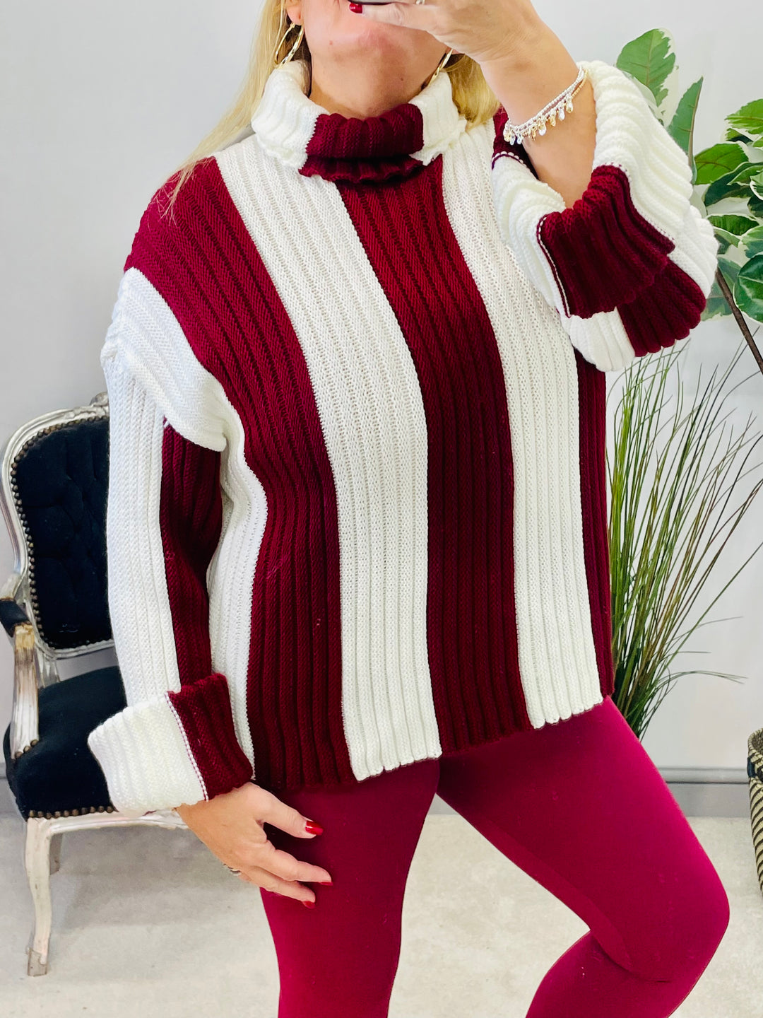 LADIES WOMENS BURGUNDY RED STRIPE CHUNKY KNIT ROLL NECK JUMPER SWEATER