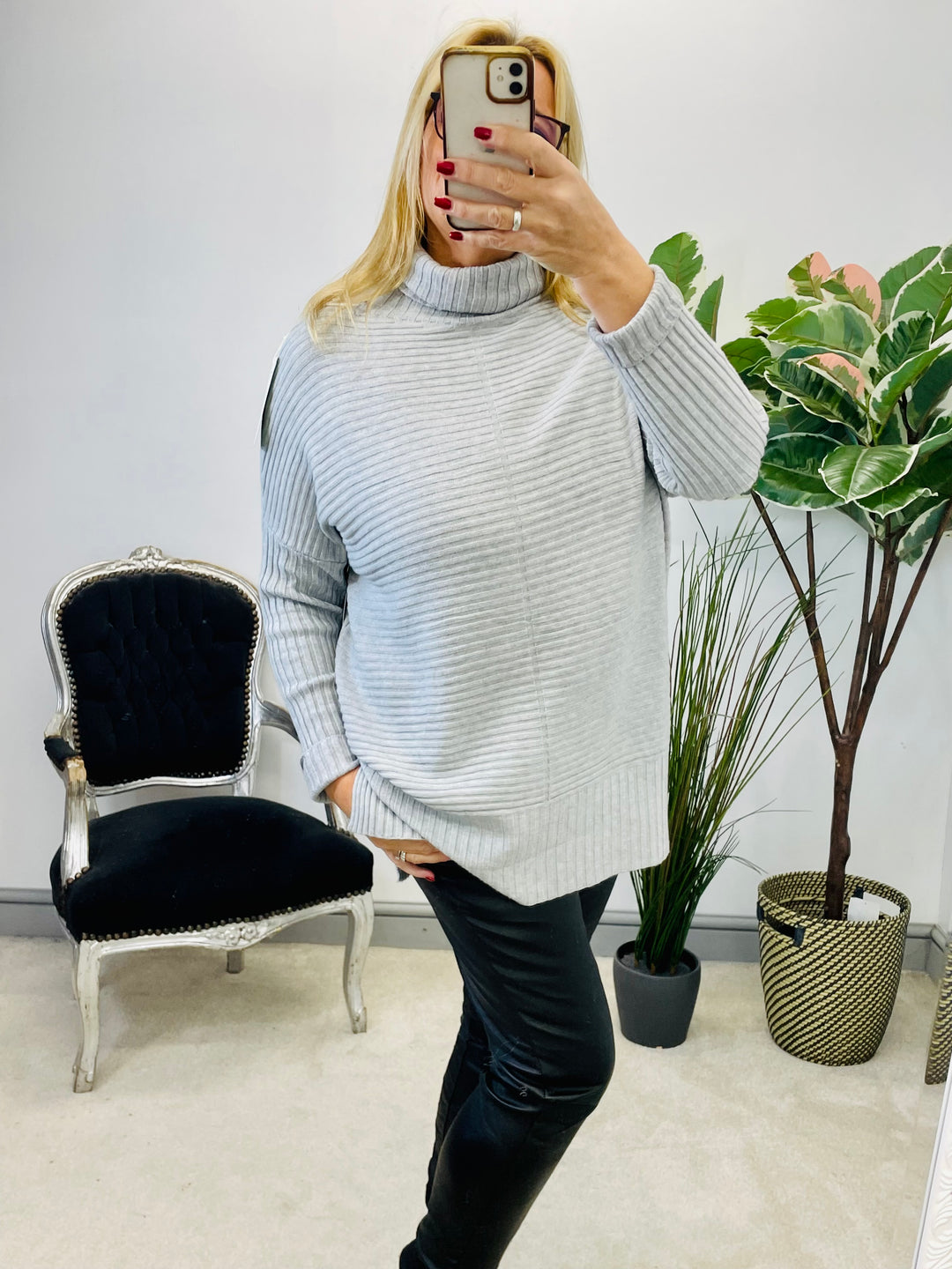 LADIES WOMENS GREY RIBBED OVERSIZE KNIT JUMPER SWEATER