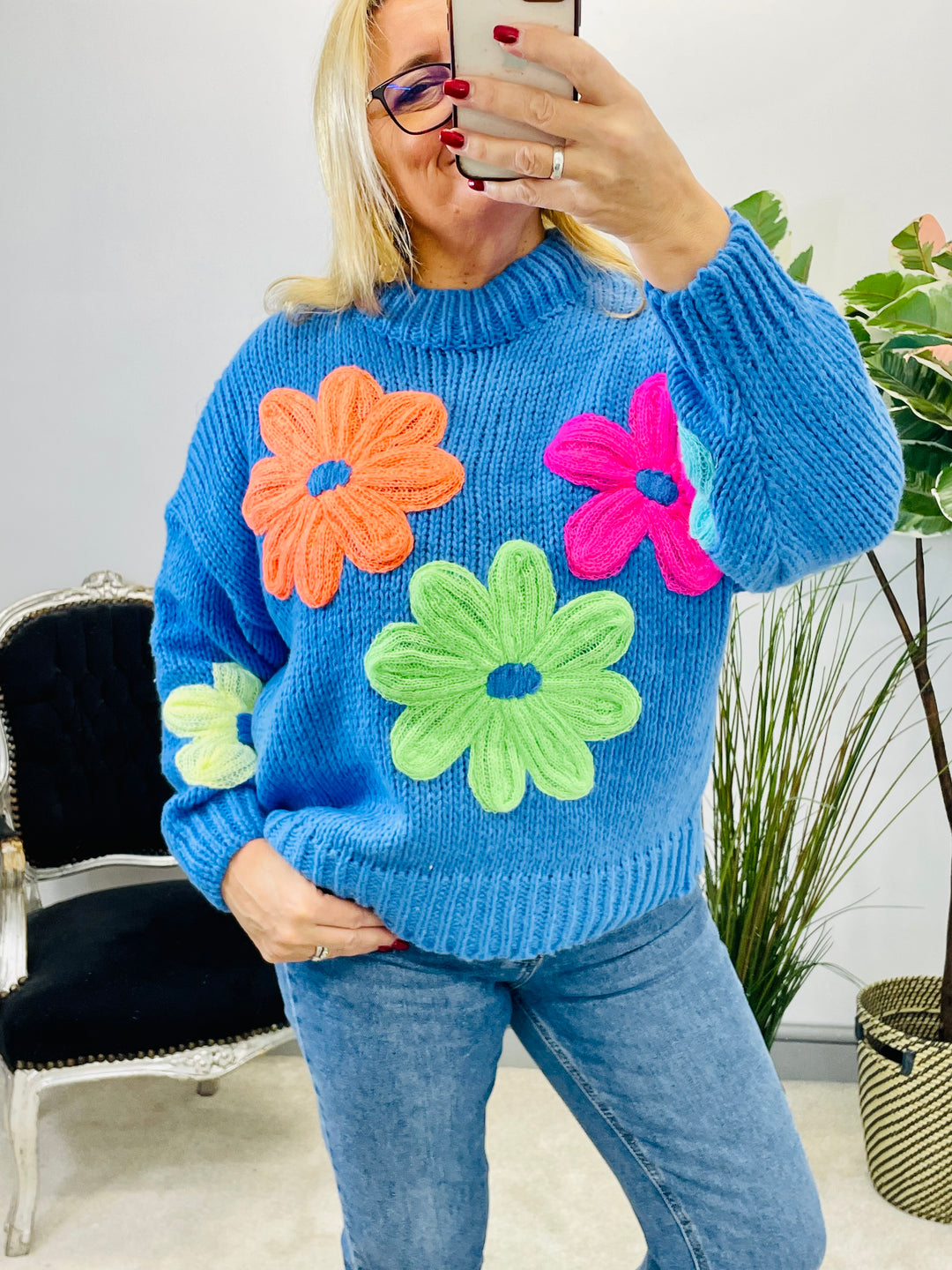 LADIES WOMENS BLUE CHUNKY KNIT FLOWER DETAIL JUMPER