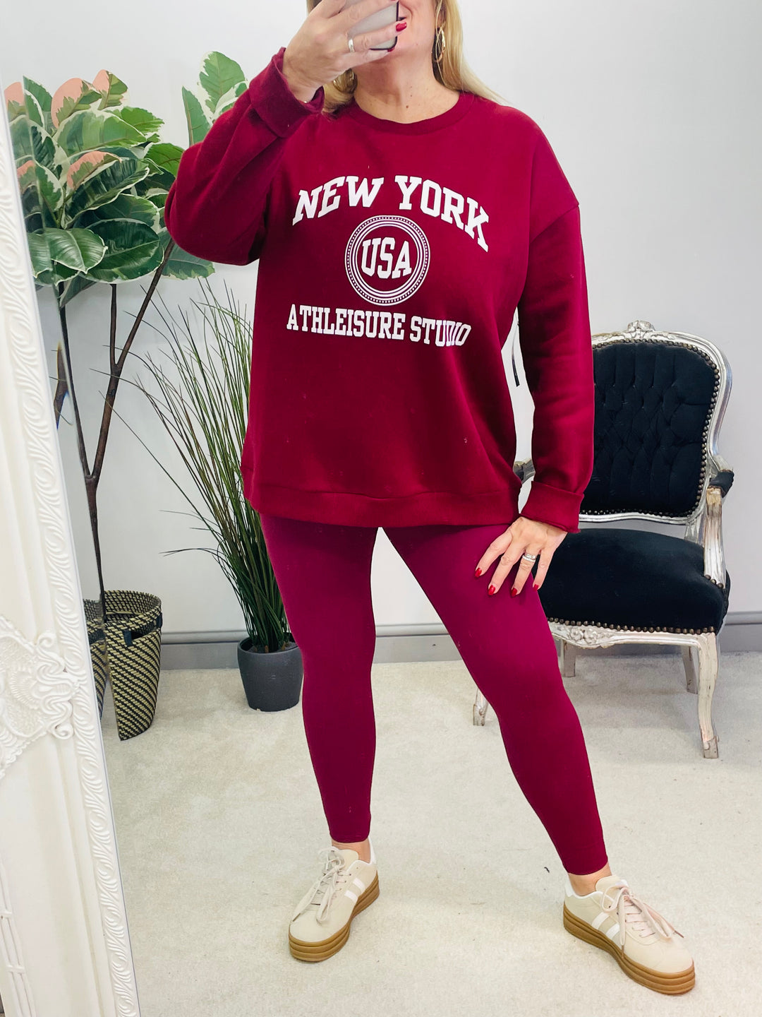 LADIES WOMENS BURGUNDY RED NEW YORK SWEATSHIRT TOP