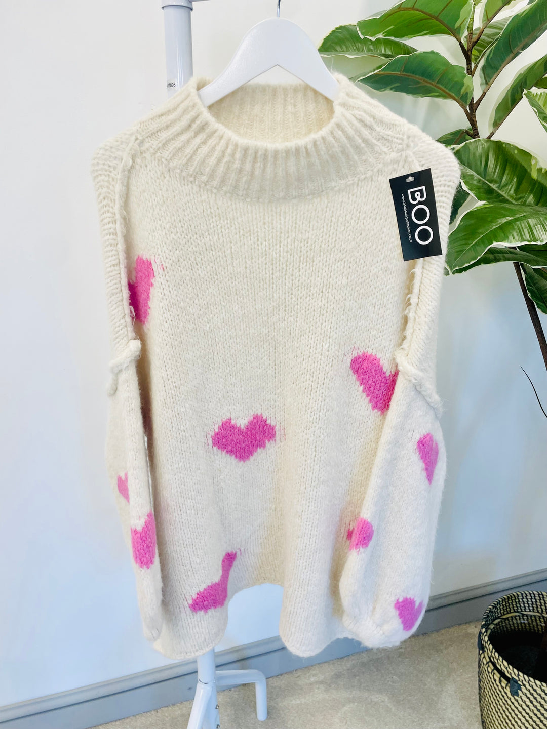 LADIES WOMENS BEIGE PINK THICK CHUNKY OVERSIZE KNIT HEART JUMPER