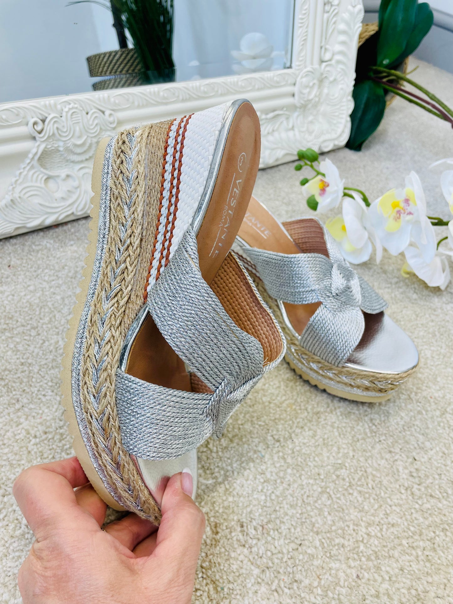 STUNNING SILVER WEDGE HEEL SANDALS ( 0025 )