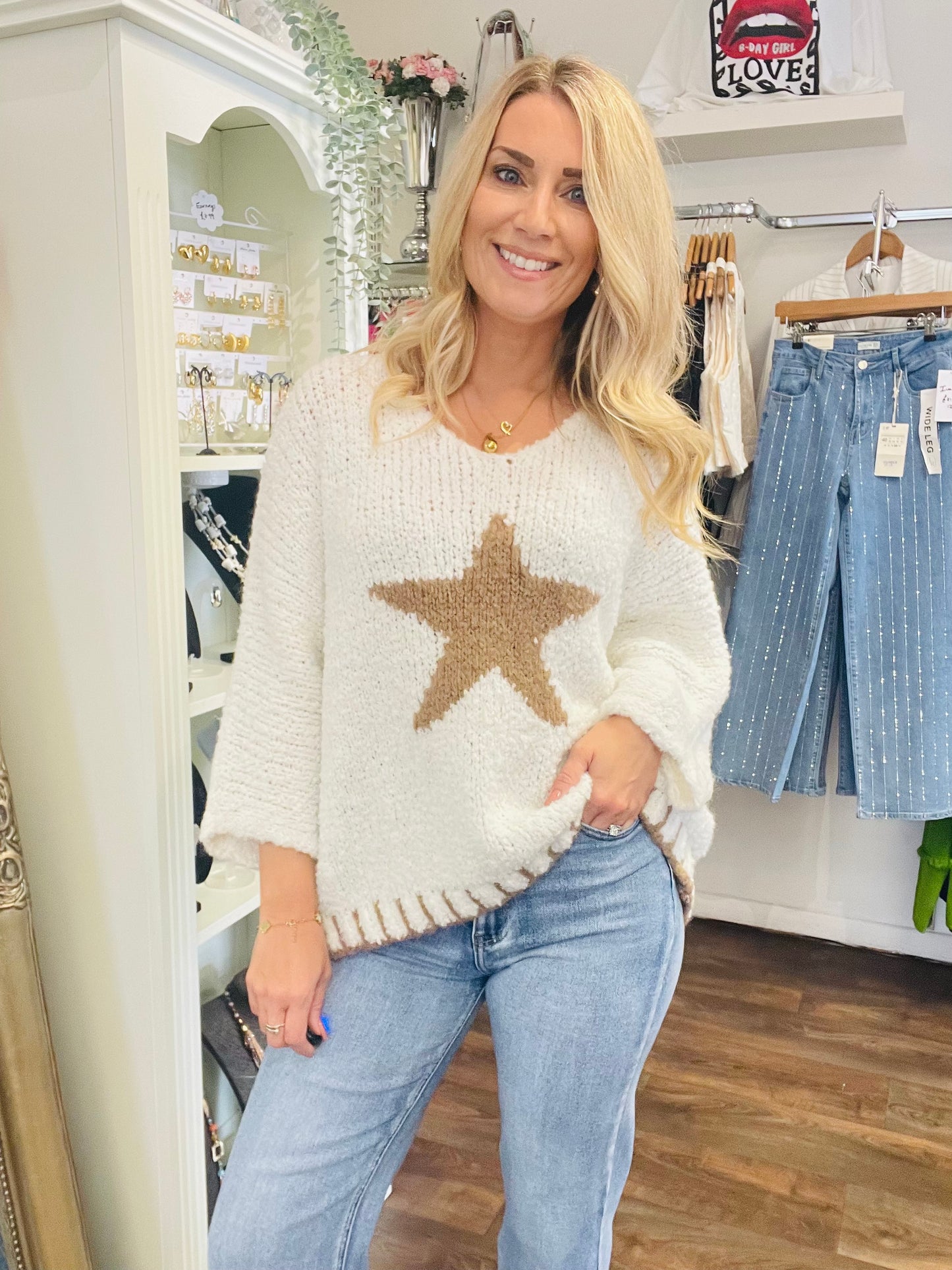 LADIES WOMENS POPCORN KNIT CREAM STAR JUMPER SWEATER