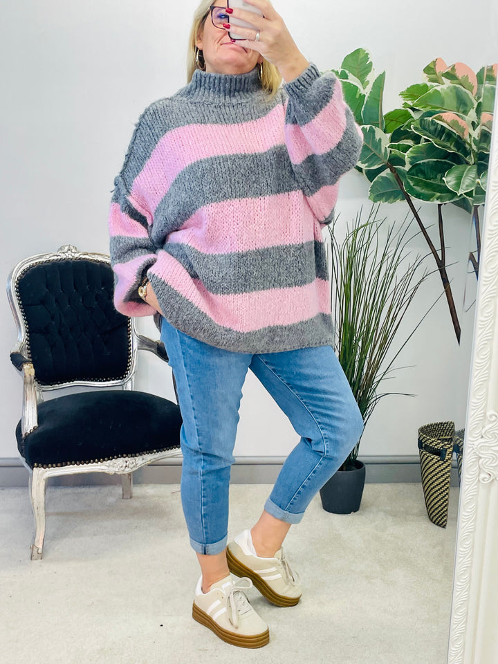 LADIES WOMENS PINK AND GRE7 STRIPE CHUNKY KNIT JUMPER SWEATER