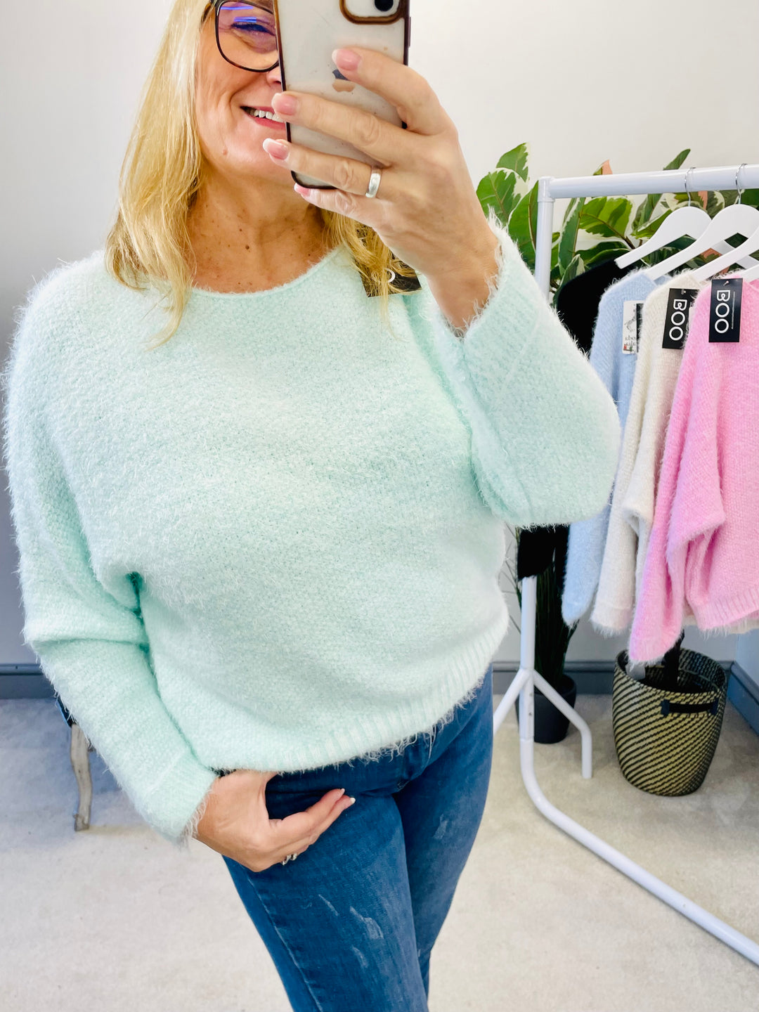 LADIES WOMENS MINT GREEN SOFT FLUFFY COSY JUMPER SWEATER