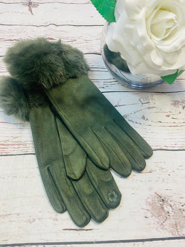 LADIES WOMENS KHAKI FAUX SUEDE AND FAUX FUR TRIM GLOVES