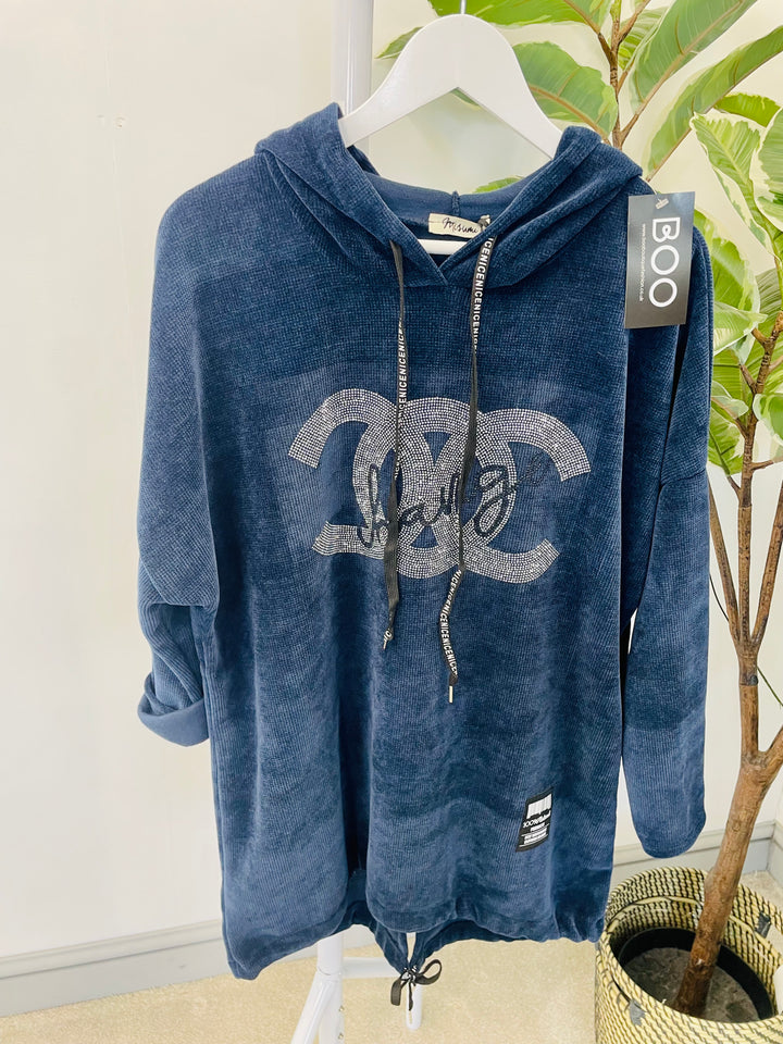 LADIES WOMENS NAVY CHENILLE FEEL HOODIE STYLE TOP