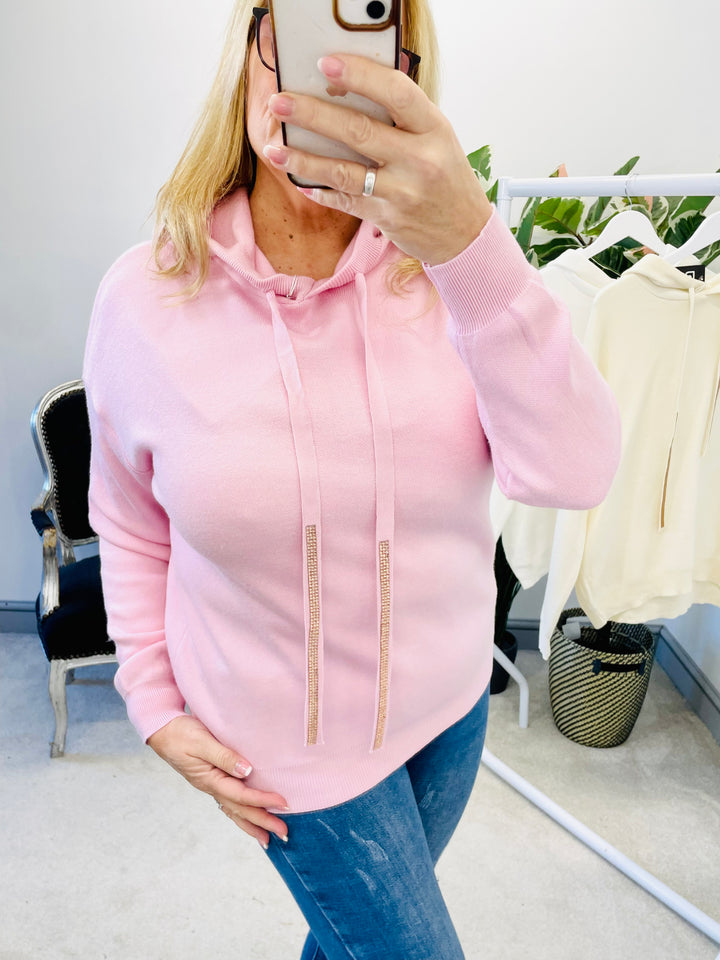 LADIES WOMENS PINK SOFT KNITTED HOODIE STYLE JUMPER SWEATER