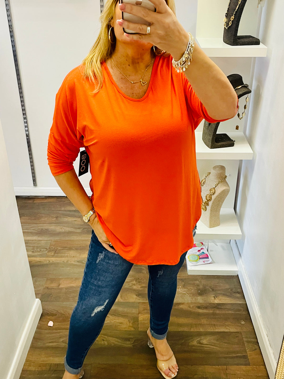 LADIES WOMENS ORANGE LONG SLEEVE V NECK JERSEY LOOSE FIT TOP