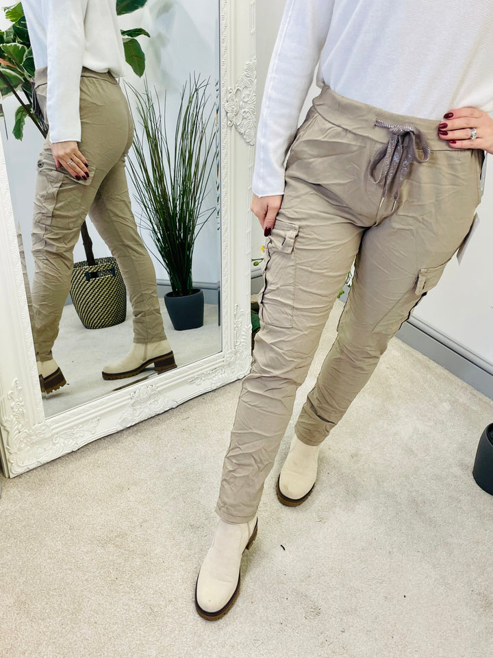 LADIES WOMENS MOCHA DARK BEIGE SUPER STRETCH CARGO MAGIC TROUSERS