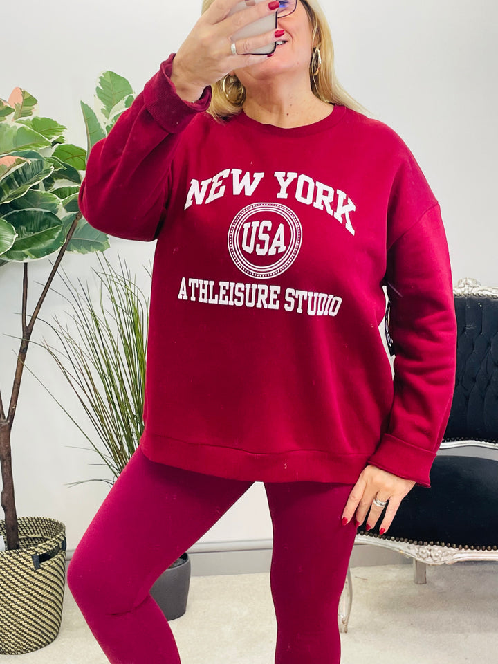 LADIES WOMENS BURGUNDY RED NEW YORK SWEATSHIRT TOP