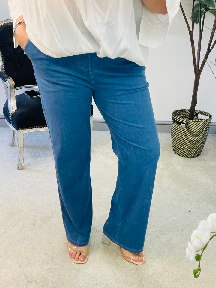 The PEONY light denim wide leg joggy trousers