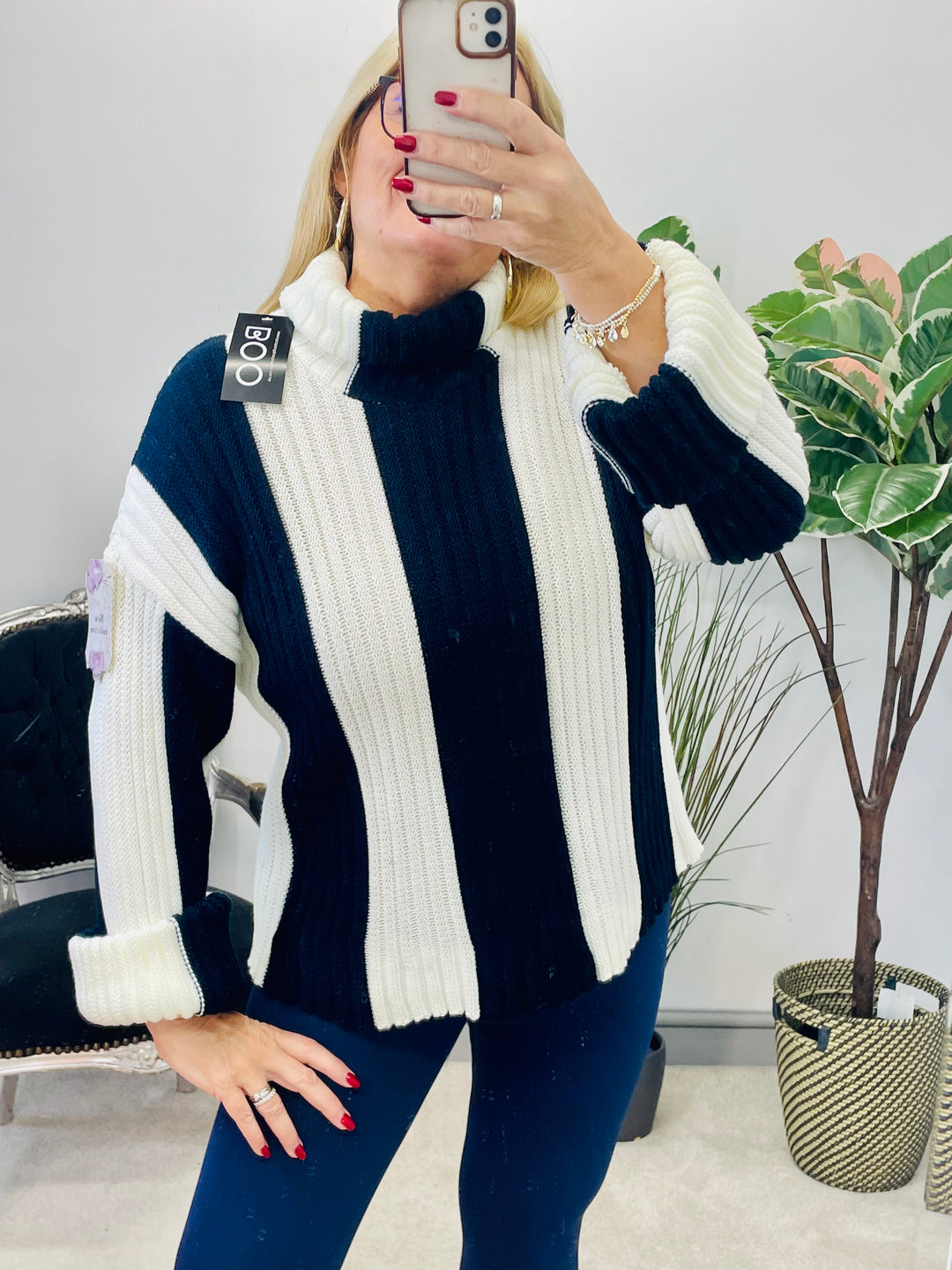 LADIES WOMENS NAVY STRIPE CHUNKY KNIT ROLL NECK JUMPER SWEATER