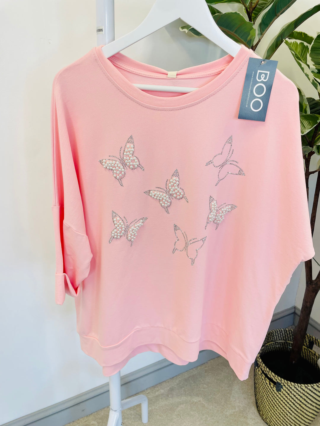 LADIES WOMENS PINK PEARL & DIAMANTE BUTTERLY SWEATSHIRT TOP