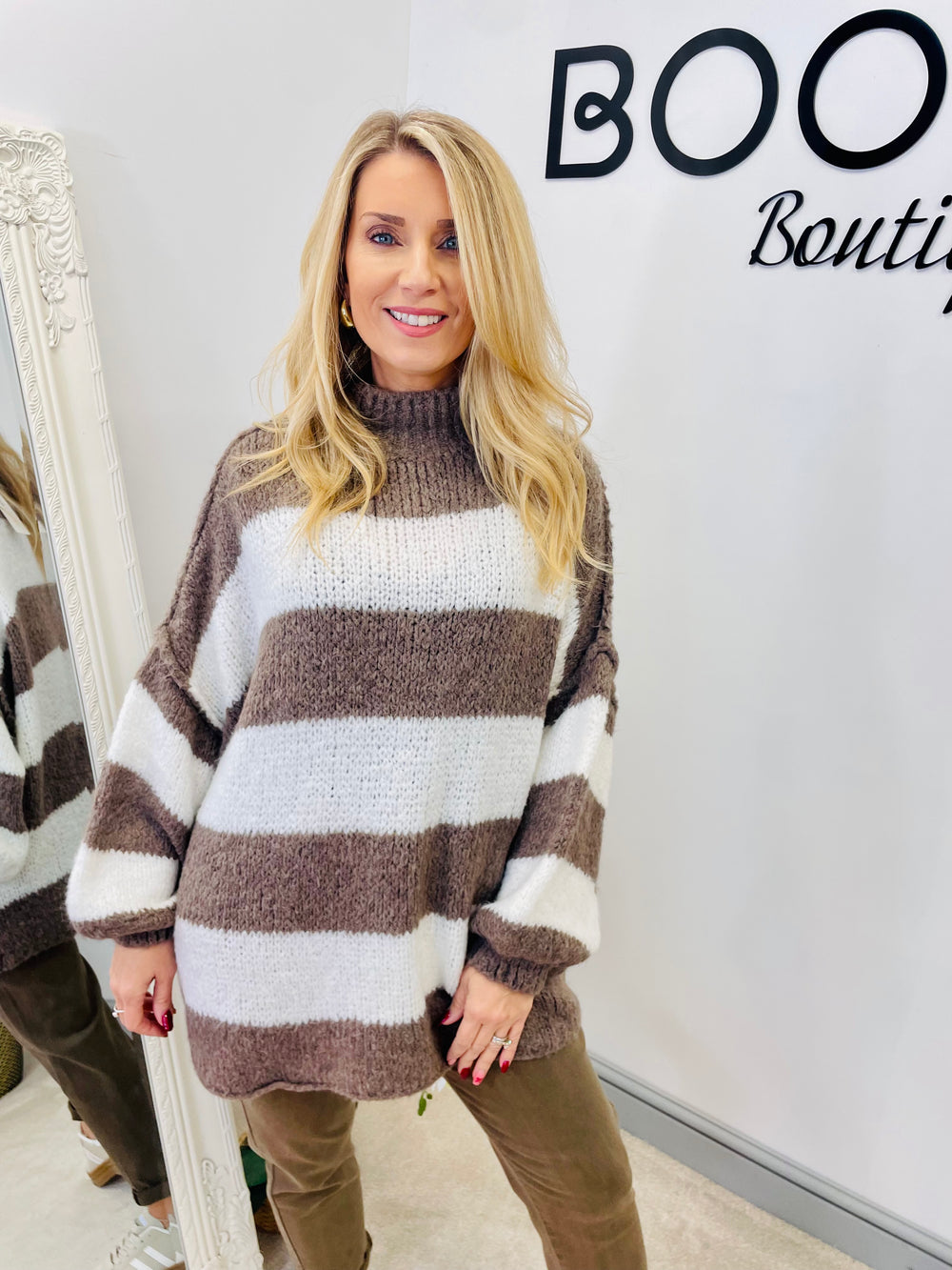 LADIES WOMENS BROWN WHITE STRIPE CHUNKY KNIT JUMPER SWEATER