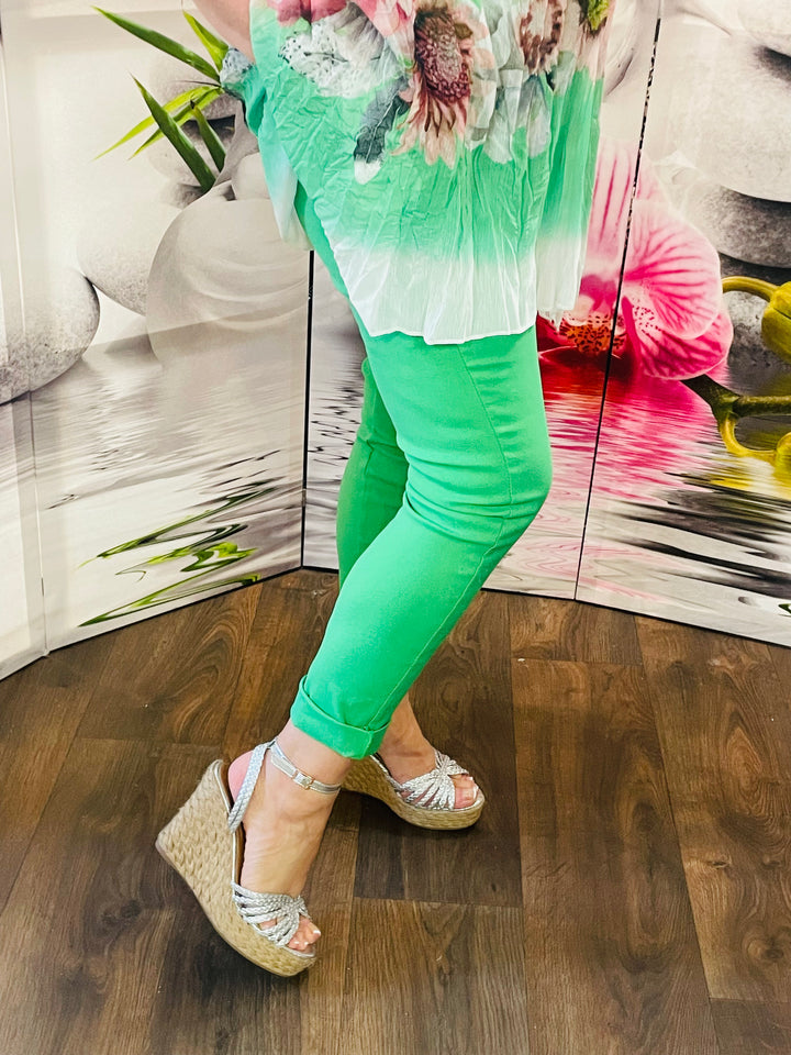 LADIES WOMENS BRIGHT GREEN STRETCH SMART MAGIC TROUSERS